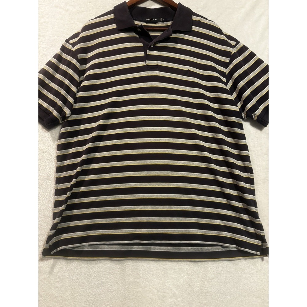 Nautica Polo Shirt Mens Large Navy Golf Short Sleeve Button‎ Up Collared Striped